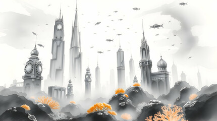 A futuristic city underwater, skyscrapers designed with marine aesthetics surrounded by schools of glowing fish and vibrant coral reefs
