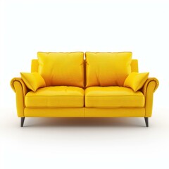 Yellow sofa with pillows isolated on white background representing comfort, style and modern interior design