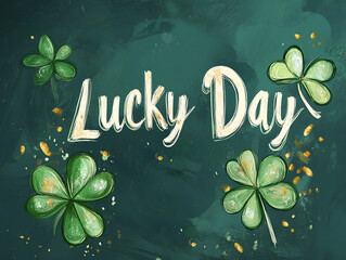 A green background with gold letters that say Lucky Day