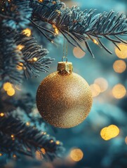 Gold Christmas Ornament on Pine Tree
