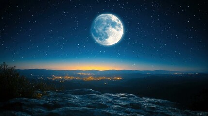 Lunar Landscape. Full moon shining bright over rocky landscape at nigh