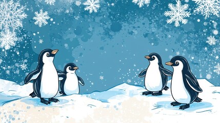 Obraz premium Winter themed doodle featuring playful penguins on a snowy landscape surrounded by snowflakes. Generative AI