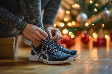 Tying New Year's Resolutions: Woman in Pajamas Receives Fitness Sneakers as Christmas Gift in Cozy Living Room Ambiance