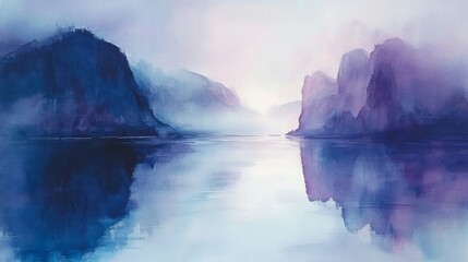 Naklejka premium Serene Watercolor Landscape Of Misty Mountains And Calm Water