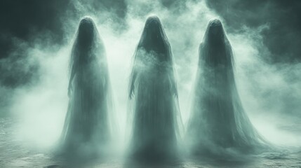 Three ghostly figures shrouded in mist.