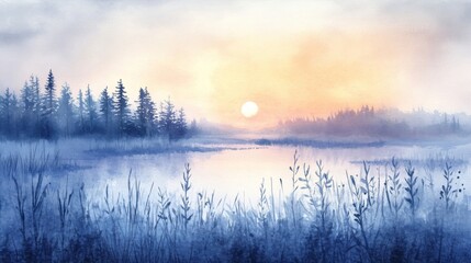 Fototapeta premium Serene Sunset Over Still Water and Pine Trees