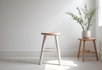 A white wooden stool in a minimalist interior setting with natural lighting