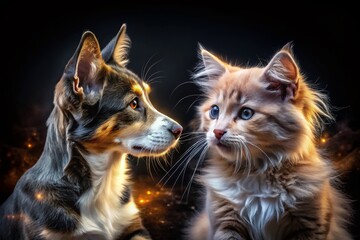 Obraz premium Adorable Double Exposure: Cute Cats & Dogs on Black Background