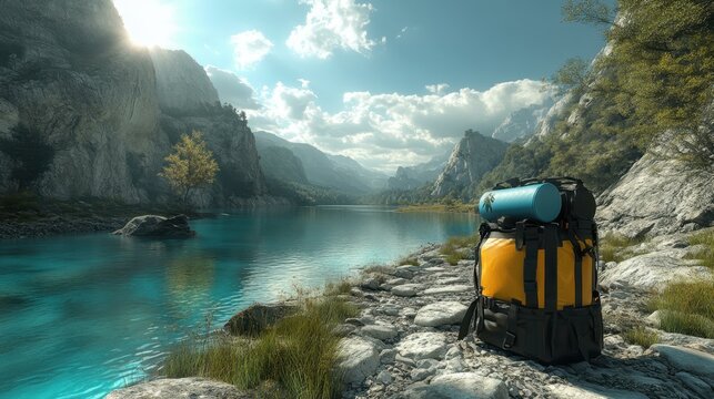 Trail Pack. Hiking backpack blue yellow on rocky riverbank with mounta