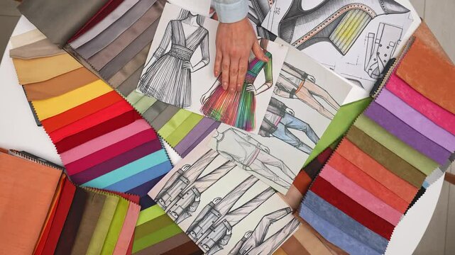 Group of fashion project team members and clients meeting in boardroom at desk, discussing design of new clothing line, making agreement and shaking hands, top view.