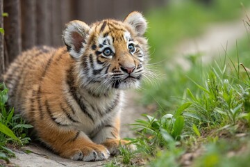 Fototapeta premium Adorable Kawaii Tiger Cub Macro Photography: Cute Cartoon Animal for Greeting Cards & Nursery Decor