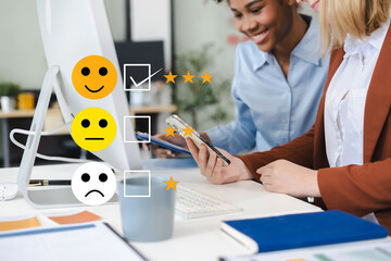 Happy Client customer experience concept. Woman recording phone inquiry with checkboxes, smiling...