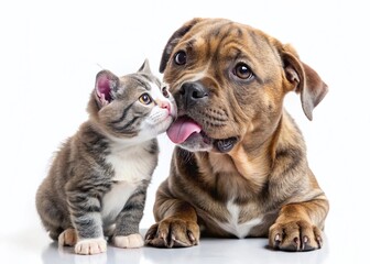 Adorable Stafford Puppy and Scottish Kitten Playing Together – Isolated White Background