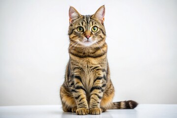 Adorable Tabby Cat Sitting, Paws Raised, Isolated White Background - Stock Photo