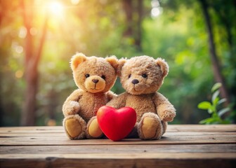 Obraz premium Adorable Teddy Bears Sharing a Heart on Wooden Table - Romantic Stock Photo