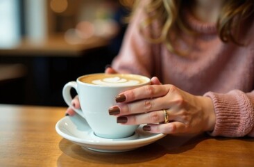 Fototapeta premium Close-up: women's hands with neat manicure holding a cup of coffee. Modern coffee shop in trendy mocha mousse color