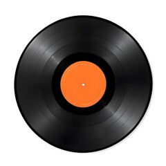 A black vinyl record with an orange label in the center