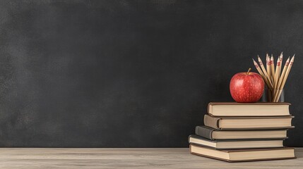 Colorful classroom elements including books, pencils, and apples on a chalkboard background, perfect for teacher's day and educational designs