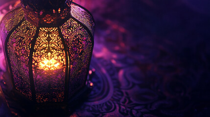 Oriental Lantern in Purple Theme with Islamic Inspiration and Copy Space