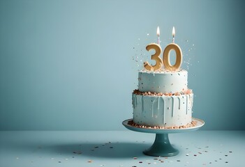A birthday cake with the number 30 on it, surrounded by confetti against a light blue background