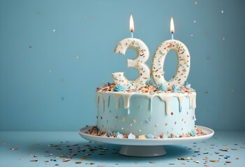 A birthday cake with the number 30 on it, surrounded by confetti against a light blue background