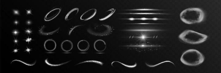 Starlight effect set and spotlight. Glow isolated white transparent light effect set, glitter, line, sun flash, dust, stars, sunlight, spotlight, swirl, spiral, portal or tunnel, rings of smoke