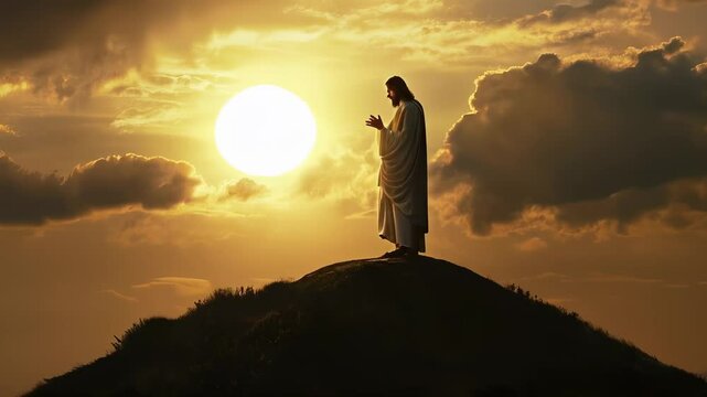 Jesus Christ prays on a mountaintop at sunset.