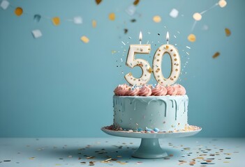 A birthday cake with the number 50 on it, surrounded by confetti against a light blue background
