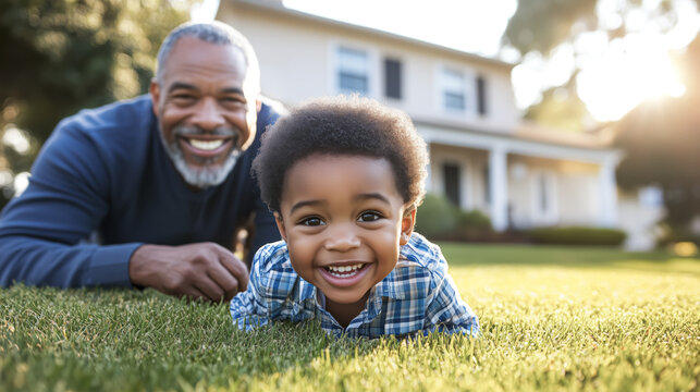 Child Father and Grandfather Having Fun Playing in the Front Yard