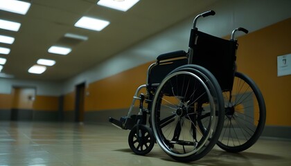 An empty wheelchair in a hallway with fluorescent lighting