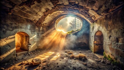 Fototapeta premium Surreal Photo: Ancient Fort Ventilation Shaft, Mystical Light, Dreamlike Atmosphere