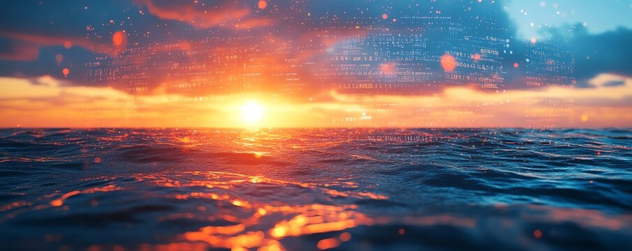 A sunset over the ocean with floating data elements and digital information, merging the beauty of nature with advanced technology