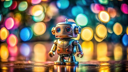 Obraz premium Documentary-style close-up: a charming, metallic mini-robot, perfectly round, steals the spotlight.