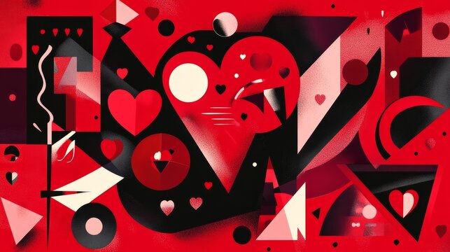 Red and black geometric shapes and hearts create a visually striking representation of love