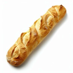 Golden brown baguette displaying its characteristic cuts and flour dusting, isolated on white