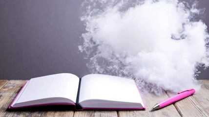 Self development wellness concept. An open book on a wooden surface with a pink pen and a cloud of thoughts nearby.