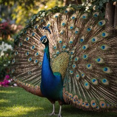 Obraz premium A colorful peacock with its tail fully fanned out in a royal garden.