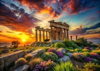 Obraz premium Surreal Sunset over Greek Temple Ruins: Panoramic Summer Landscape