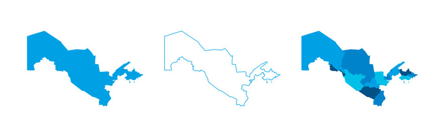 Uzbekistan set of three maps - solid map, outline map and map highlighting administrative divisions. Three distinct maps illustrate various representations of a geographical area.