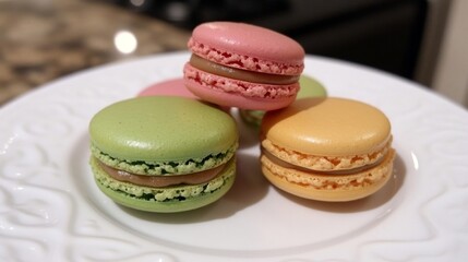 Fototapeta premium Three Delicious Macarons On A White Plate