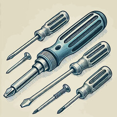drawing of a screwdriver set falt vector illustration