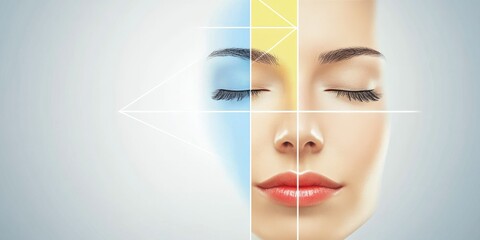 Self development wellness concept. Facial analysis with serene expression, featuring geometric overlays and soft color gradients.