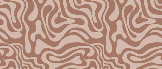 Abstract background pattern with mocha coffee waves. Psychedelic groovy trippy y2k retro seamless pattern in brow and beige colors. Wavy and swirled brush strokes liquid texture for packaging design
