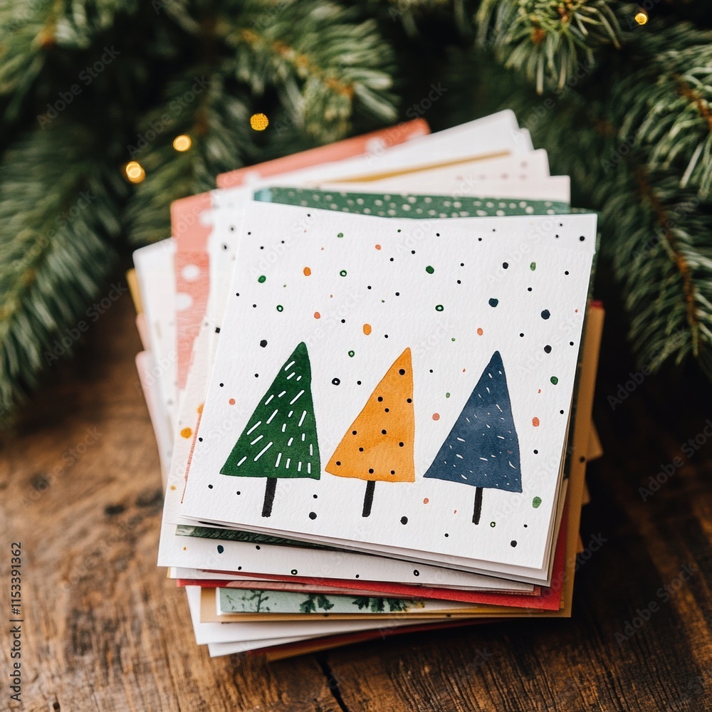 Poster colorful stack of christmas cards featuring festive tree designs placed on a rustic table surrounded