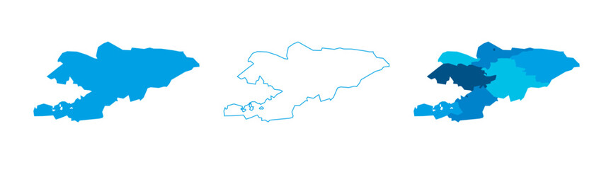 Kyrgyzstan set of three maps - solid map, outline map and map highlighting administrative divisions. Three distinct maps illustrate various representations of a geographical area.