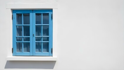 A blue wooden window with a white wall background