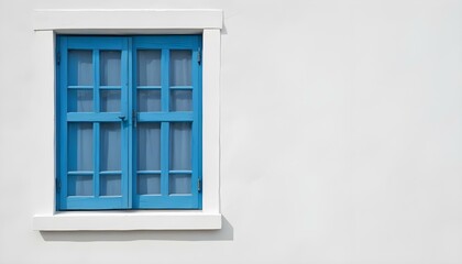 Fototapeta premium A blue wooden window with a white wall background