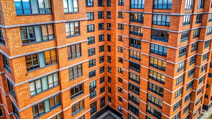 Fototapeta premium Aerial View of Brick High-Rise Building Facade, Drone Photography, Rule of Thirds Composition