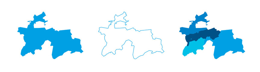 Tajikistan set of three maps - solid map, outline map and map highlighting administrative divisions. Three distinct maps illustrate various representations of a geographical area.