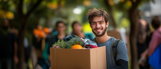 A happy young man carrying a cardboard box filled with charity-related goods and clothing. Engaging in a community service project